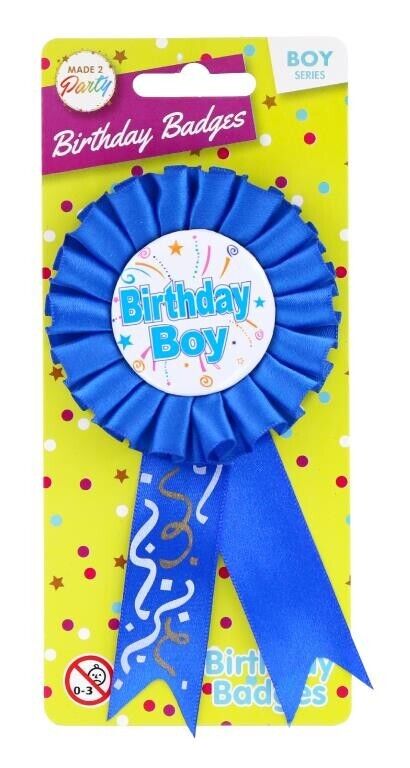Happy Birthday Badge Boy Blue Ribbon Safety Pin Party