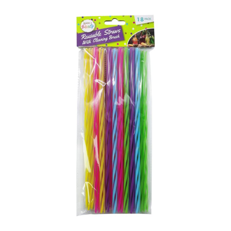 18pcs Reusable Straws Hard Plastic Drinking Straw Cleaning Brush Party Colourful