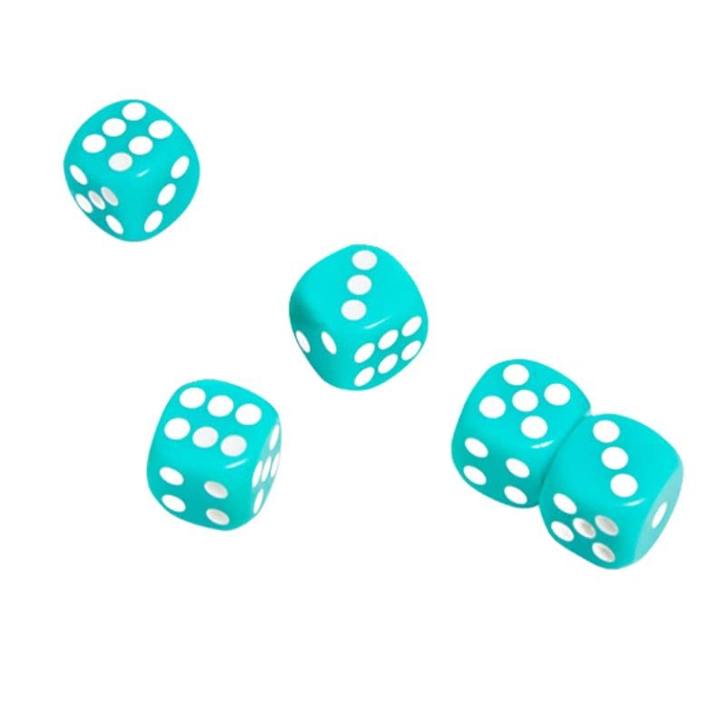 Set of 5 Six Sided Square Opaque 15mm D6 Dice - Green with White Pip Die