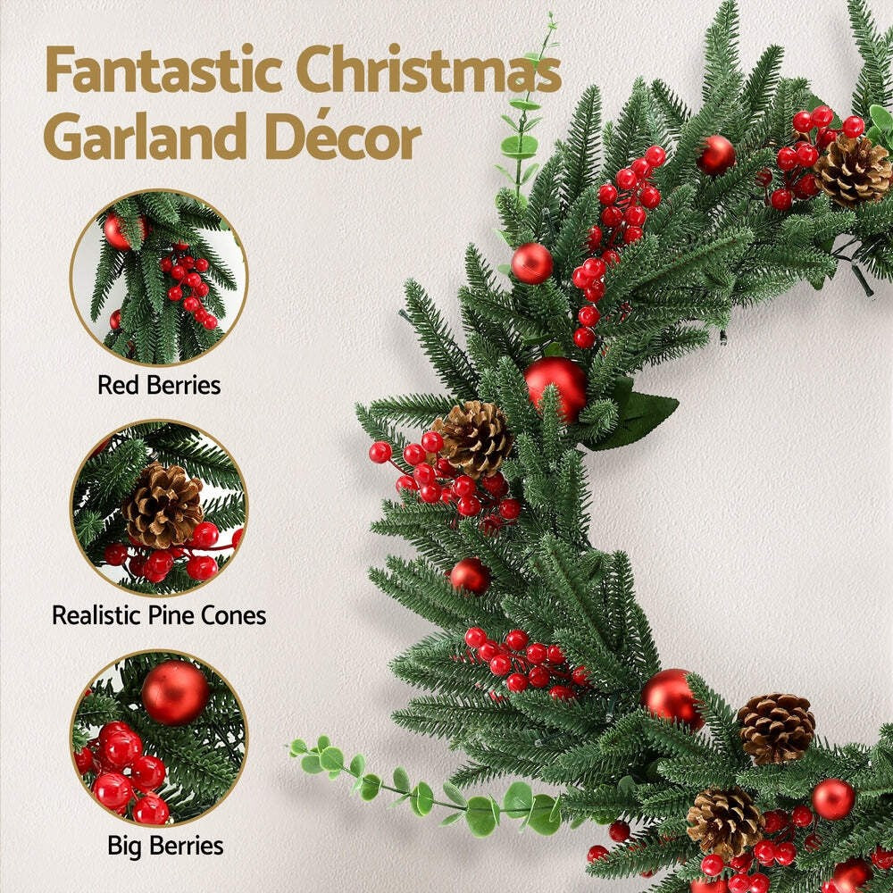 Jingle Jollys Christmas Wreath 60CM LED Garland Berries Pine Cones Party Decor