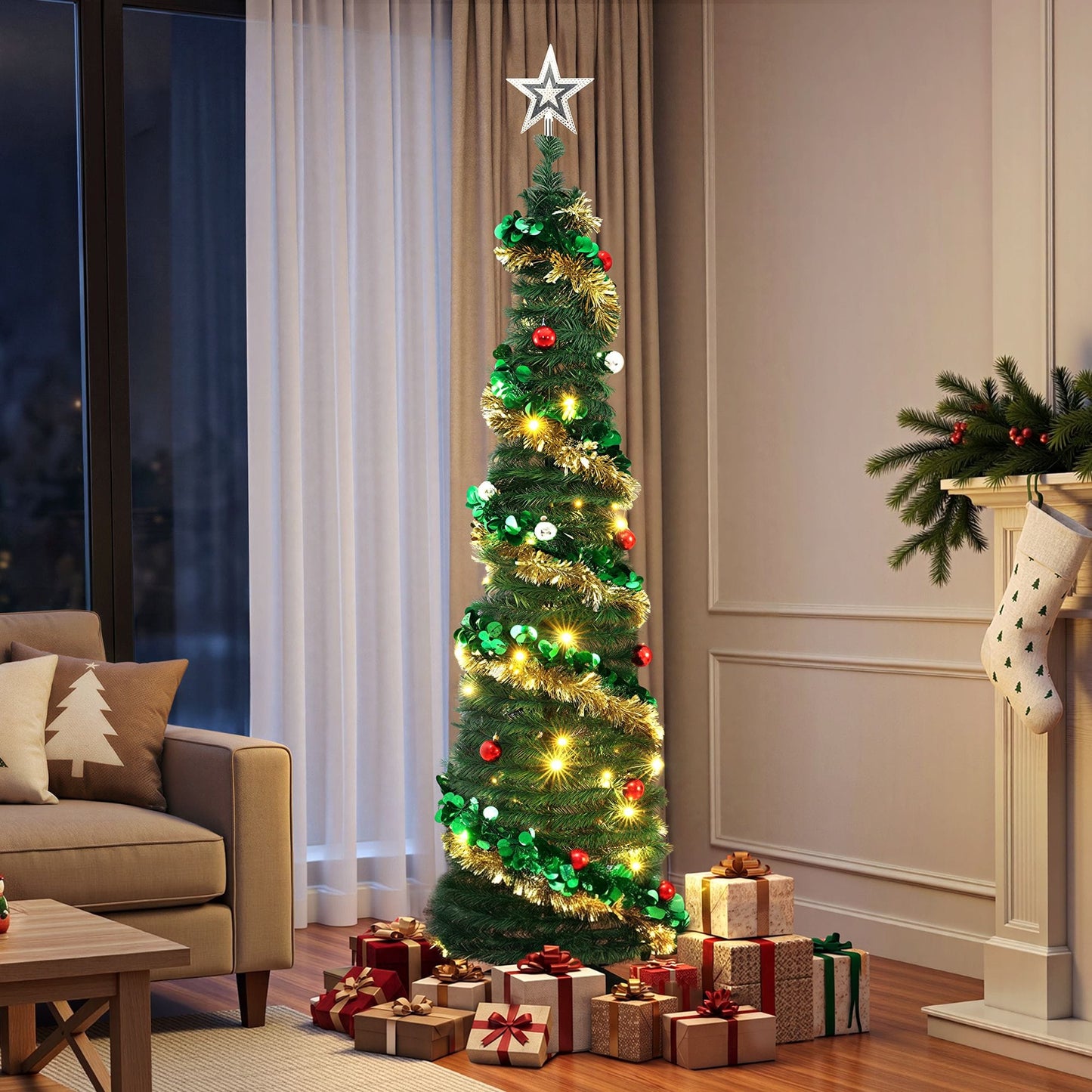 Jingle Jollys Pop Up Christmas Tree Pre Decorated Warm White LED 160cm