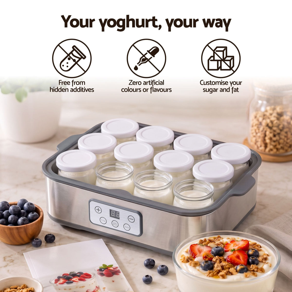 Devanti Yoghurt Maker Machine with 12x180ml Glass Cups Temp Control Grey