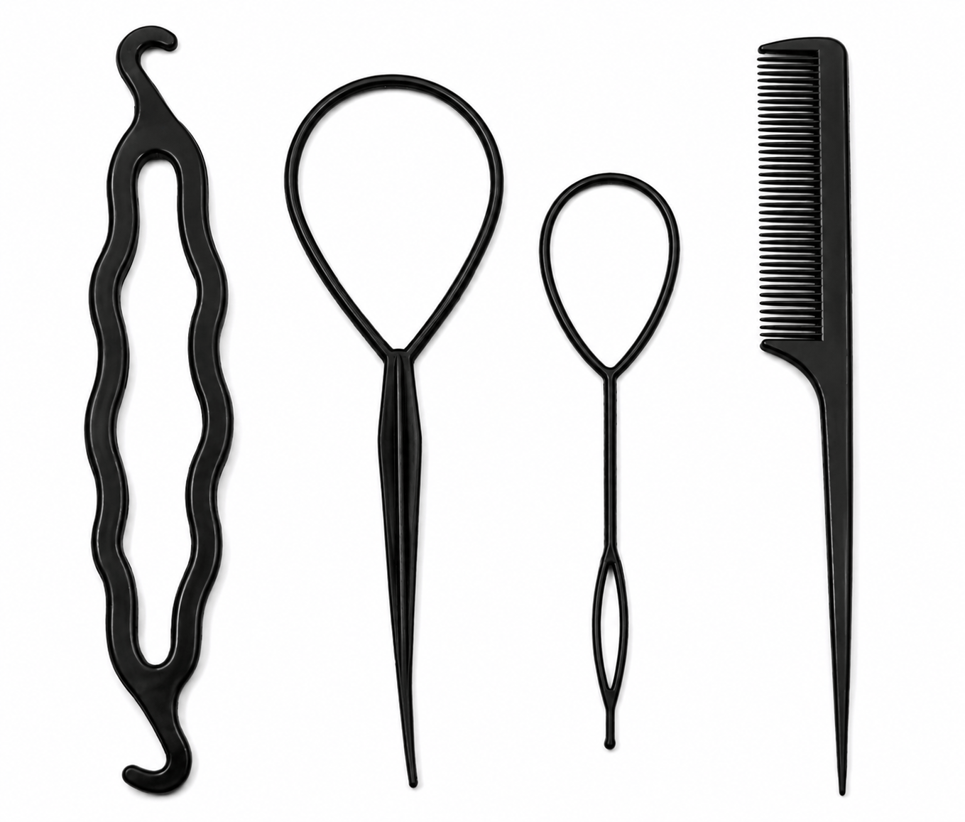 All About Me Black 4pk Hair Styling Updo Tool Set DIY Comb Roller Bun Topsy Tail Braid Maker Loop