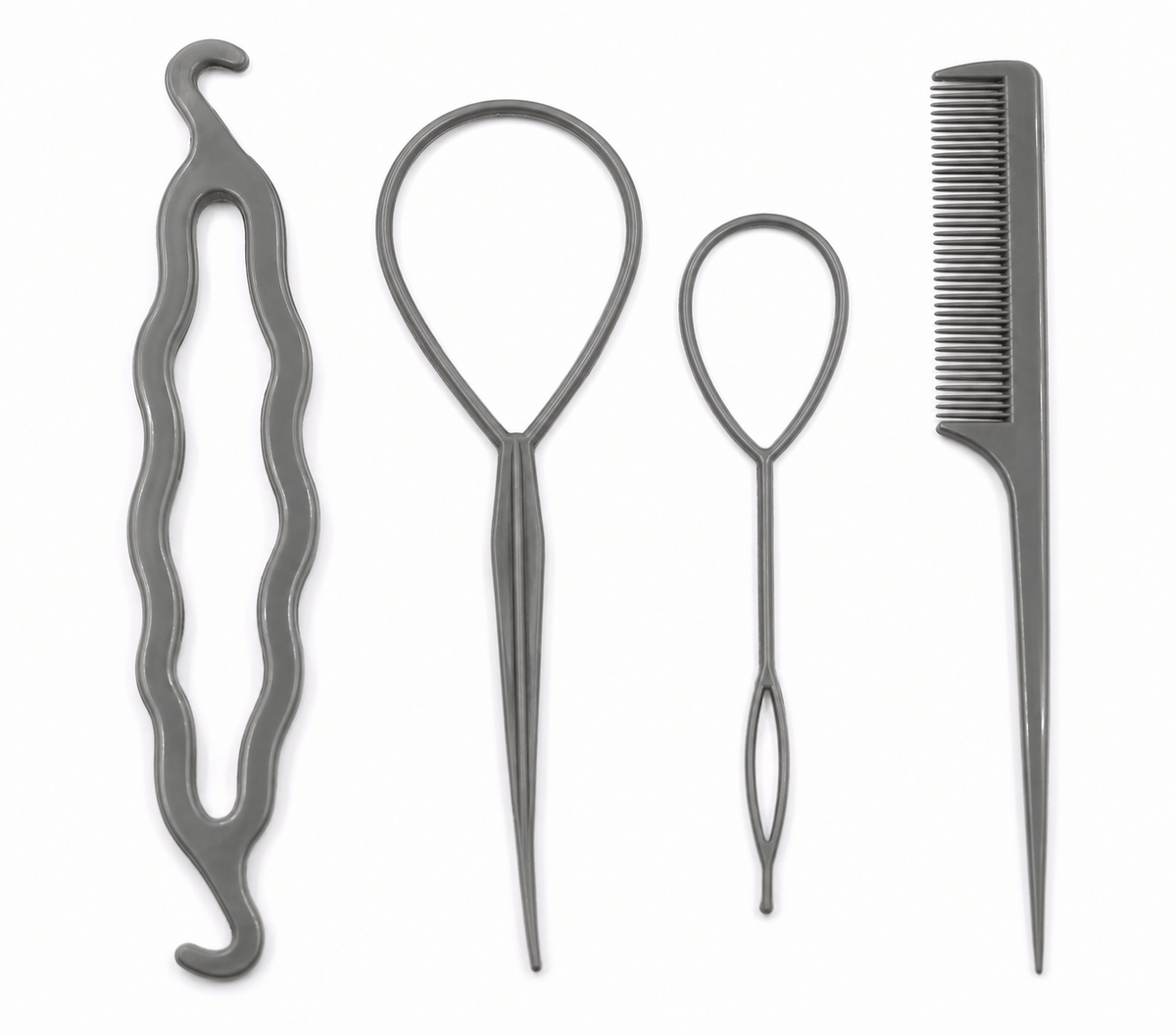 All About Me Grey 4pk Hair Styling Updo Tool Set DIY Comb Roller Bun Topsy Tail Braid Maker Loop