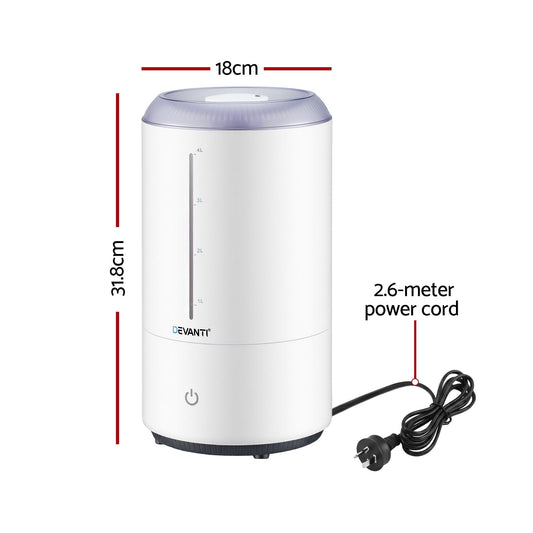 Alona.com.au Appliances > Aroma Diffusers & Humidifiers > Humidifiers Devanti Ultrasonic Humidifier Aroma Diffuser Top Fill Quiet Bedroom 4L White