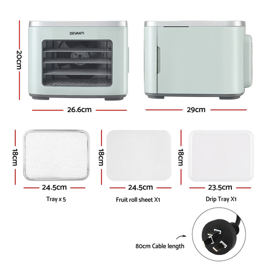Alona.com.au Appliances > Kitchen Appliances > Food Dehydrators Devanti Food Dehydrator Machine 5 Tray Mini Fruit Dryer Maker Green