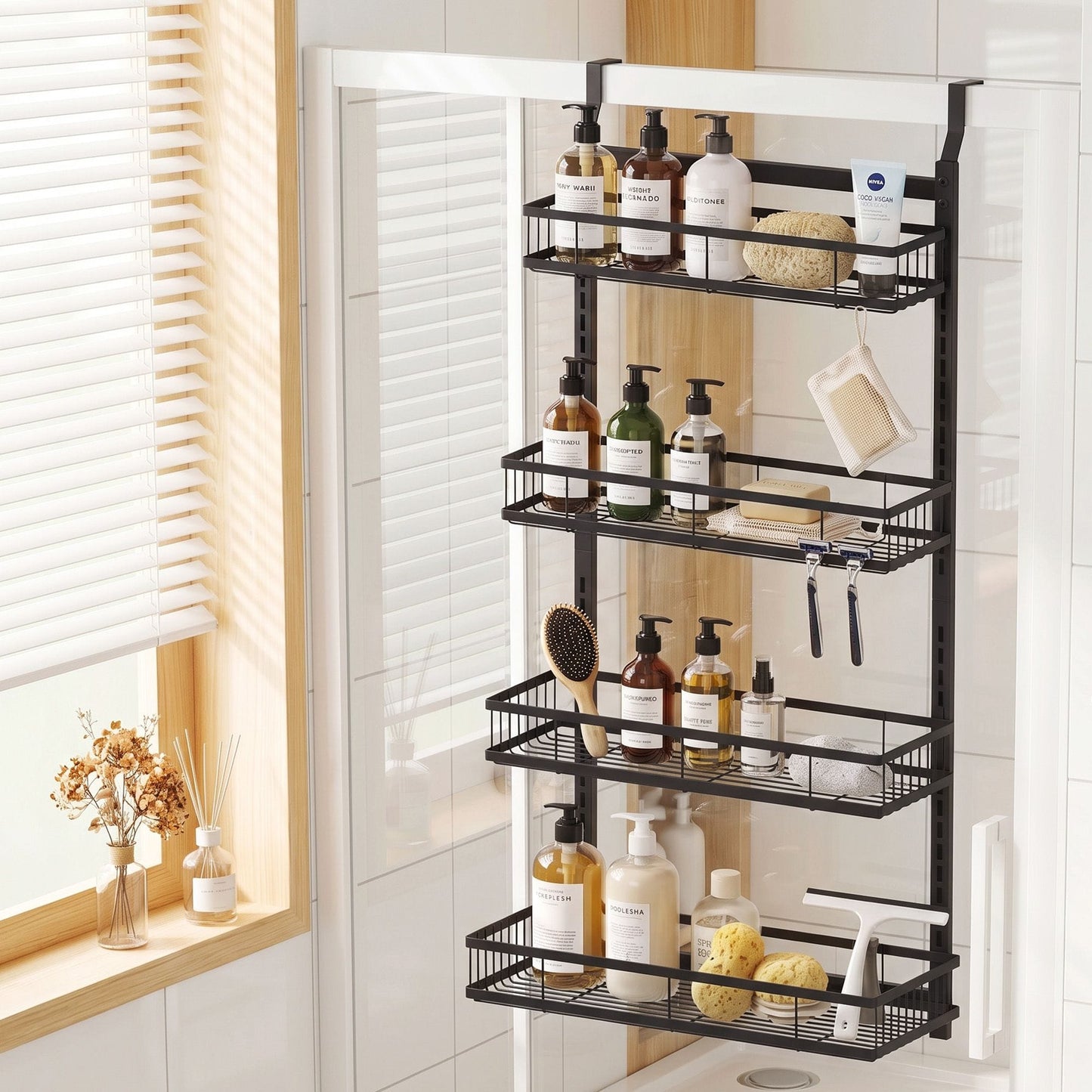 Alona.com.au Furniture > Bathroom > Bathroom Cabinets, Cupboards & Storage Artiss Over Door Bathroom Rack Hanging Organiser 4 Tier No Drill 91cm Black