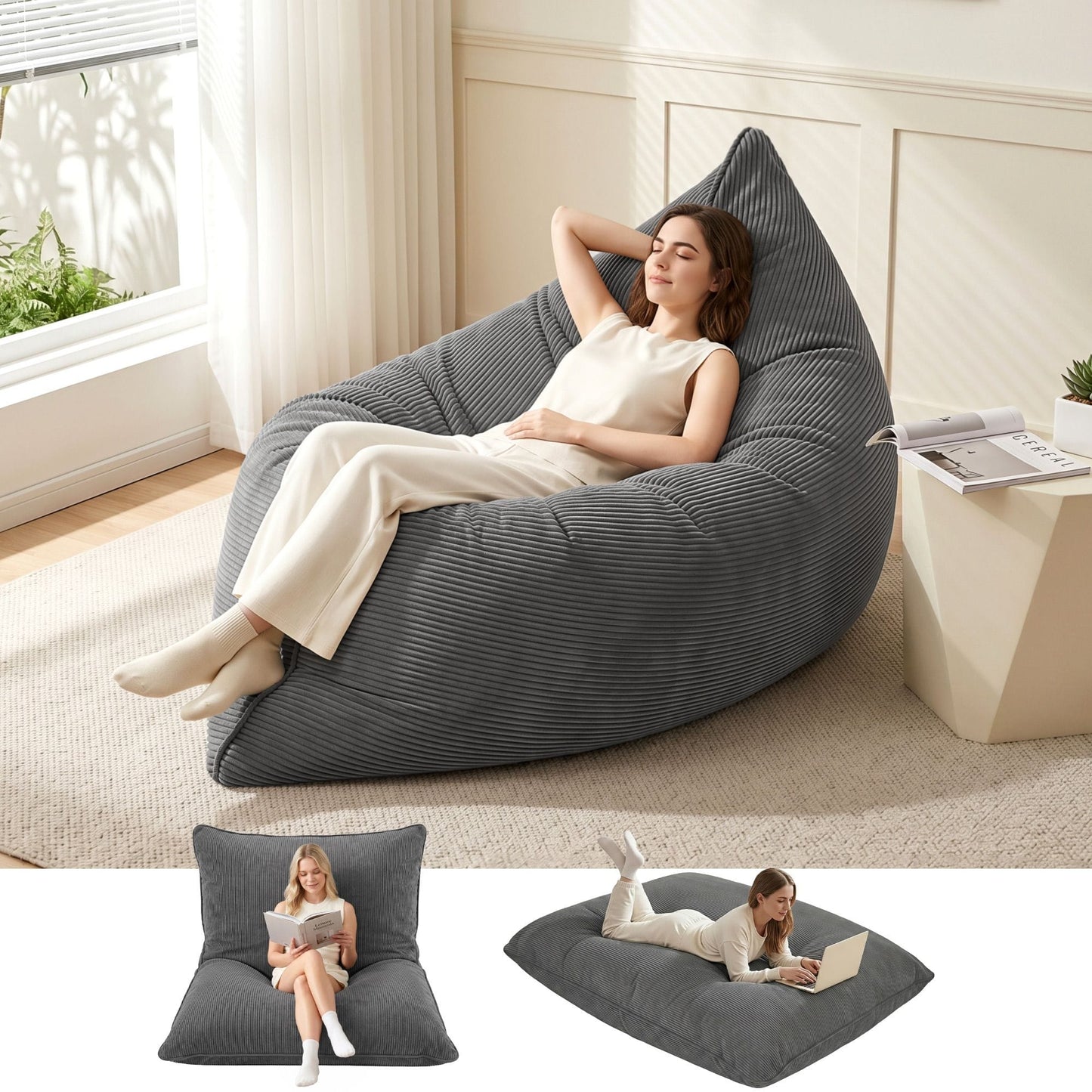 Alona.com.au Furniture > Sofas > Sofa Accessories Artiss 3 in 1 Bean Bag Chair Cover (No Filler) Convertible Bean Bag for Adults, Corduroy Stuffed Animal Storage Bean Bag Cover Washable for Living Room Bedroom, Grey