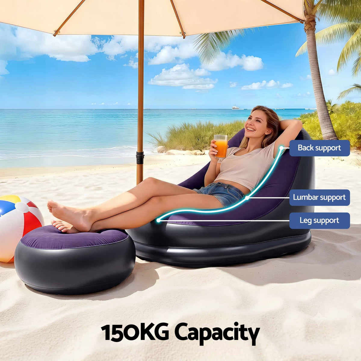 Alona.com.au Furniture > Sofas > Sofas & Sofa Beds Gardeon Inflatable Chair with Ottoman Air Sofa Blow Up Air Chair for Camping with Pump Purple
