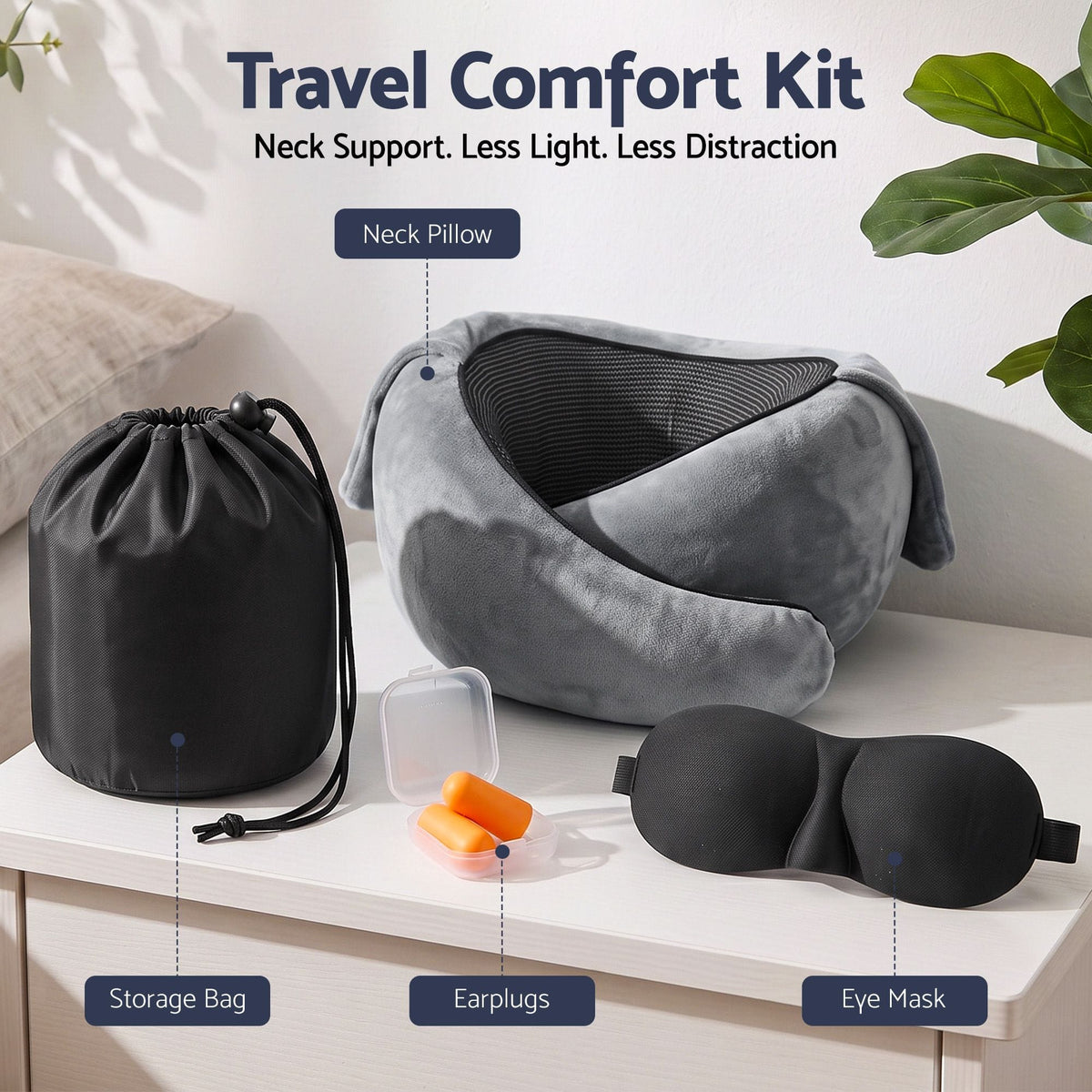Alona.com.au Home & Garden > Bedding > Pillows Wanderlite Hooded Travel Neck Pillow for Airplane Memory Foam with Eye Mask Earplugs, Dark Grey