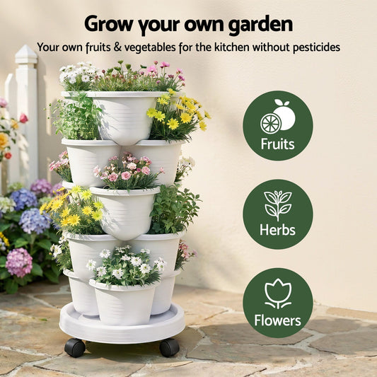 Alona.com.au Home & Garden > Garden Beds > Garden Beds & Planters Green Fingers 5 Tier Vertical Garden Planter, Stackable Planters with Wheels, White, Garden Bed, Garden Tower Indoor Outdoor, Auto Drainage System, for Strawberries, Herbs, Flowers, Vegetables