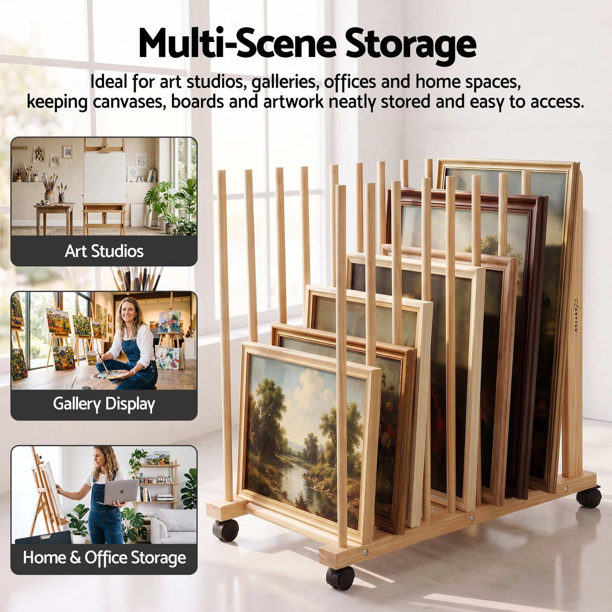Alona.com.au Home & Garden > Hobbies > Arts & Crafts Artiss Art Drying & Storage Rack with Caster Wheels, Solid Wood Adjustable Slots Rack for Drawing Boards, Panels, Paintings, Artworks Display