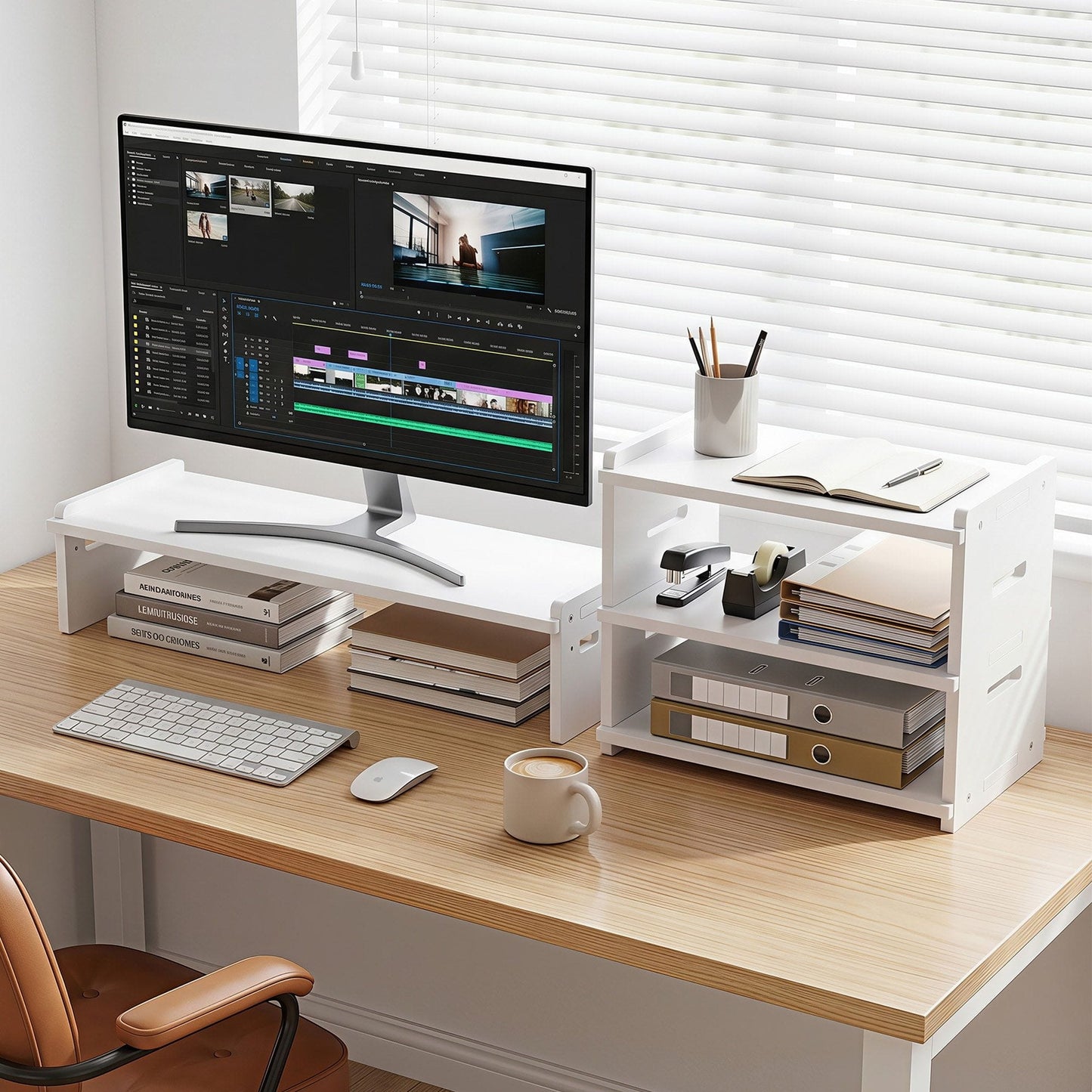 Alona.com.au Home & Garden > Home Office Accessories > Desk Accessories Artiss Monitor Stand and 3-Tier Desk Organiser 2-in-1 Modular Computer Monitor Riser PVC Desktop Shelf Holds 20kg for Office Students Gaming