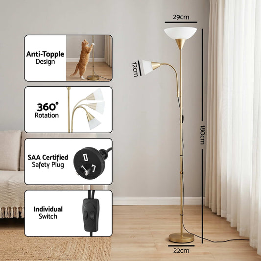 Alona.com.au Home & Garden > Lighting > Floor Lamps Artiss Gold Floor Lamp with Reading Light | Mother and Child Standing Lamp with 360 Flexible Gooseneck, Individual Switch & Plate Shade, E27 & E14 Bulb (Not Included) Home Living Room Office Reading
