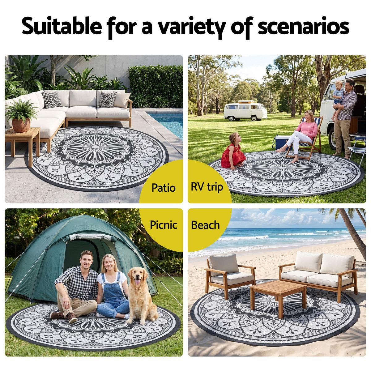 Alona.com.au Home & Garden > Rugs > Outdoor Rugs Gardeon 180CM Outdoor Rug Reversible Carpet PP Area Mat Patio Rugs Round Grey