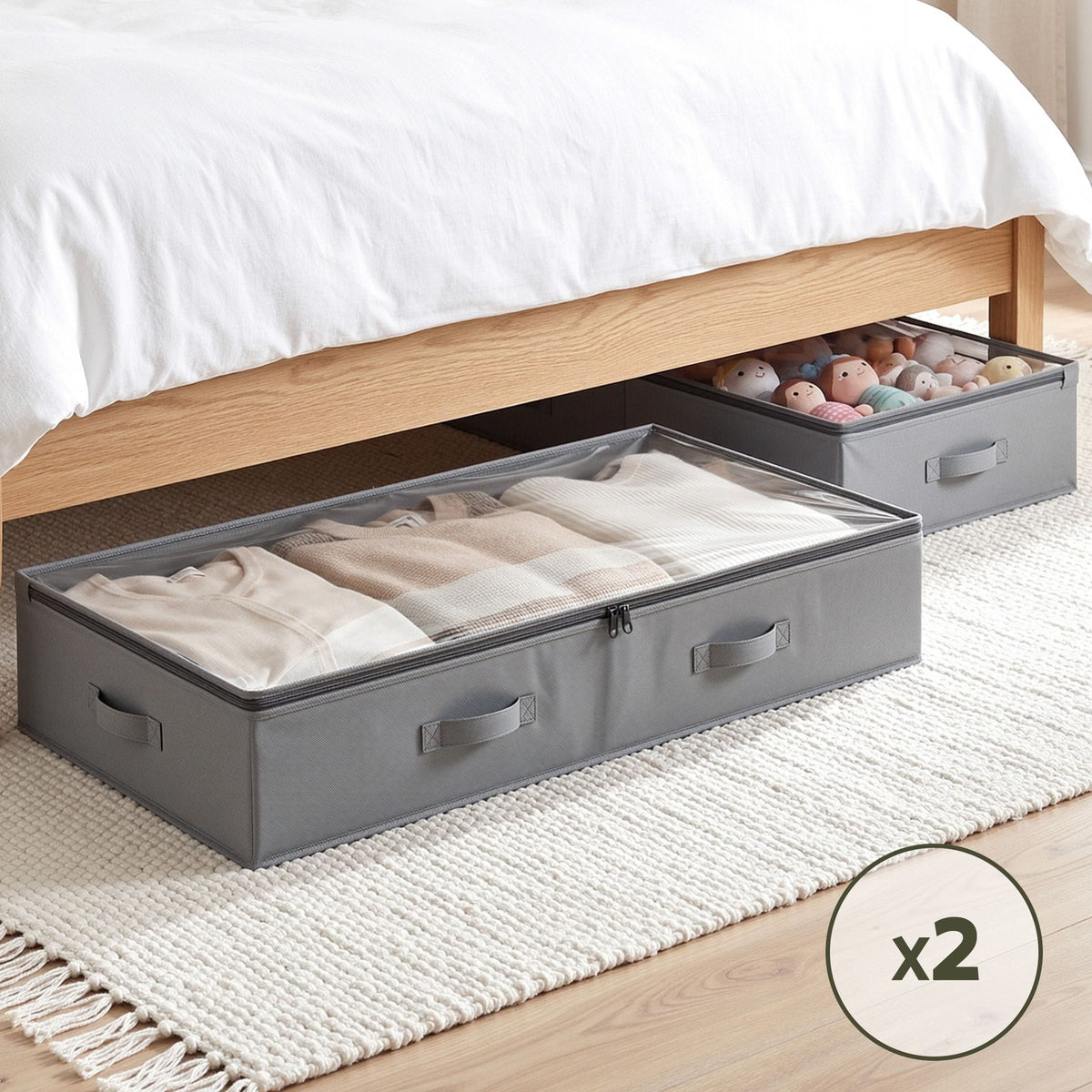 Alona.com.au Home & Garden > Storage > Clothing & Wardrobe Storage Artiss Under Bed Storage Containers X2 90L Boxes Organiser Clear Top Fabric Grey