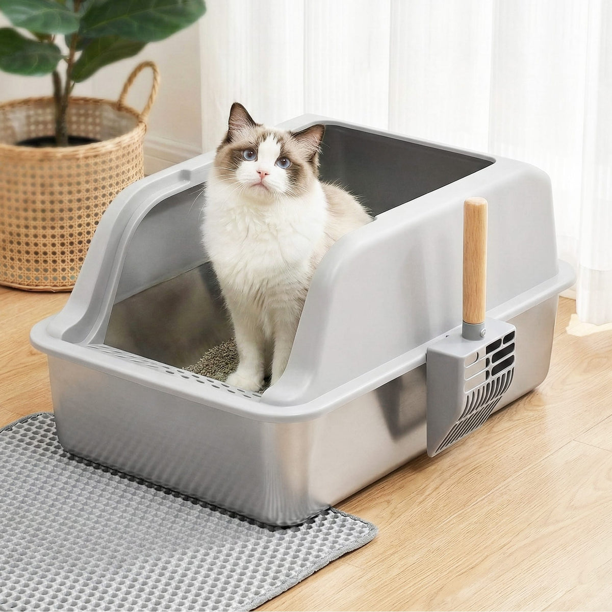 Alona.com.au Pet Care > Cat Supplies > Cat Litter i.Pet Cat Litter Box Stainless Steel Large Semi-Enclosed Pet Kitty Toilet Grey
