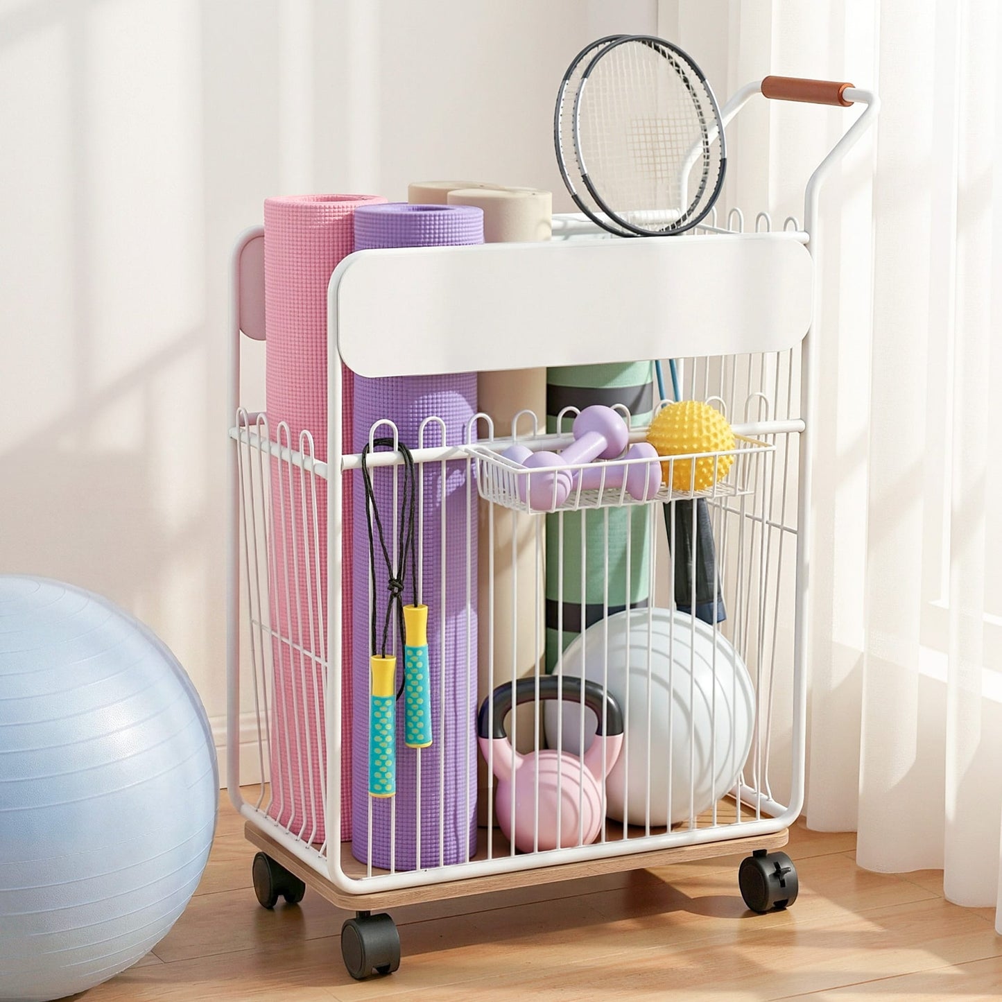 Alona.com.au Sports & Fitness > Ball Sports > Basketball & Basketball Accessories Everfit Yoga Mat Storage Rack Mobile Holder with Wheels Basket Home Gym Storage Organizer White