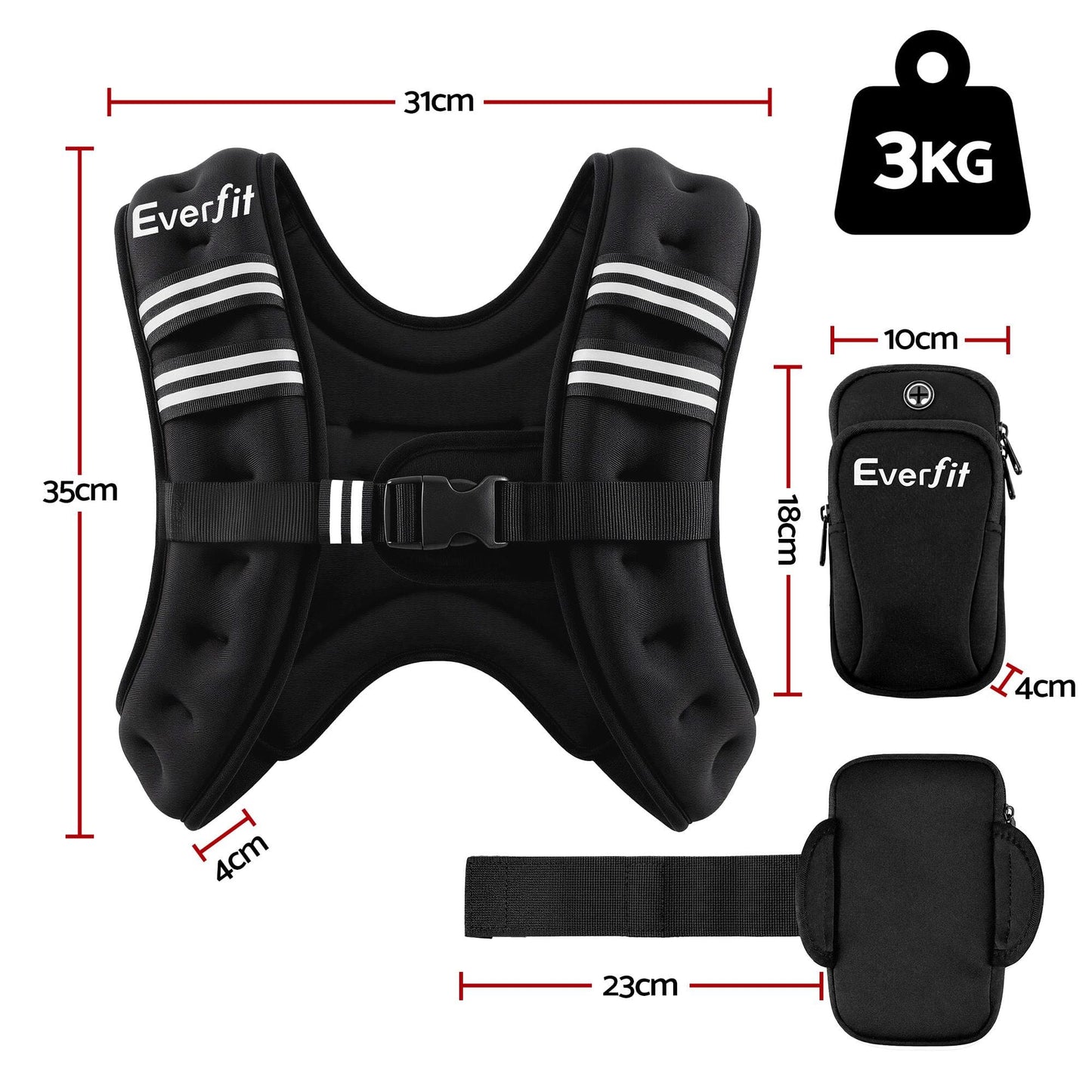 Alona.com.au Sports & Fitness > Exercise, Gym & Fitness > Gym Equipment & Accessories Everfit 3kg Weighted Vest Men Women, Reflective Running Vest with Armband Pouch