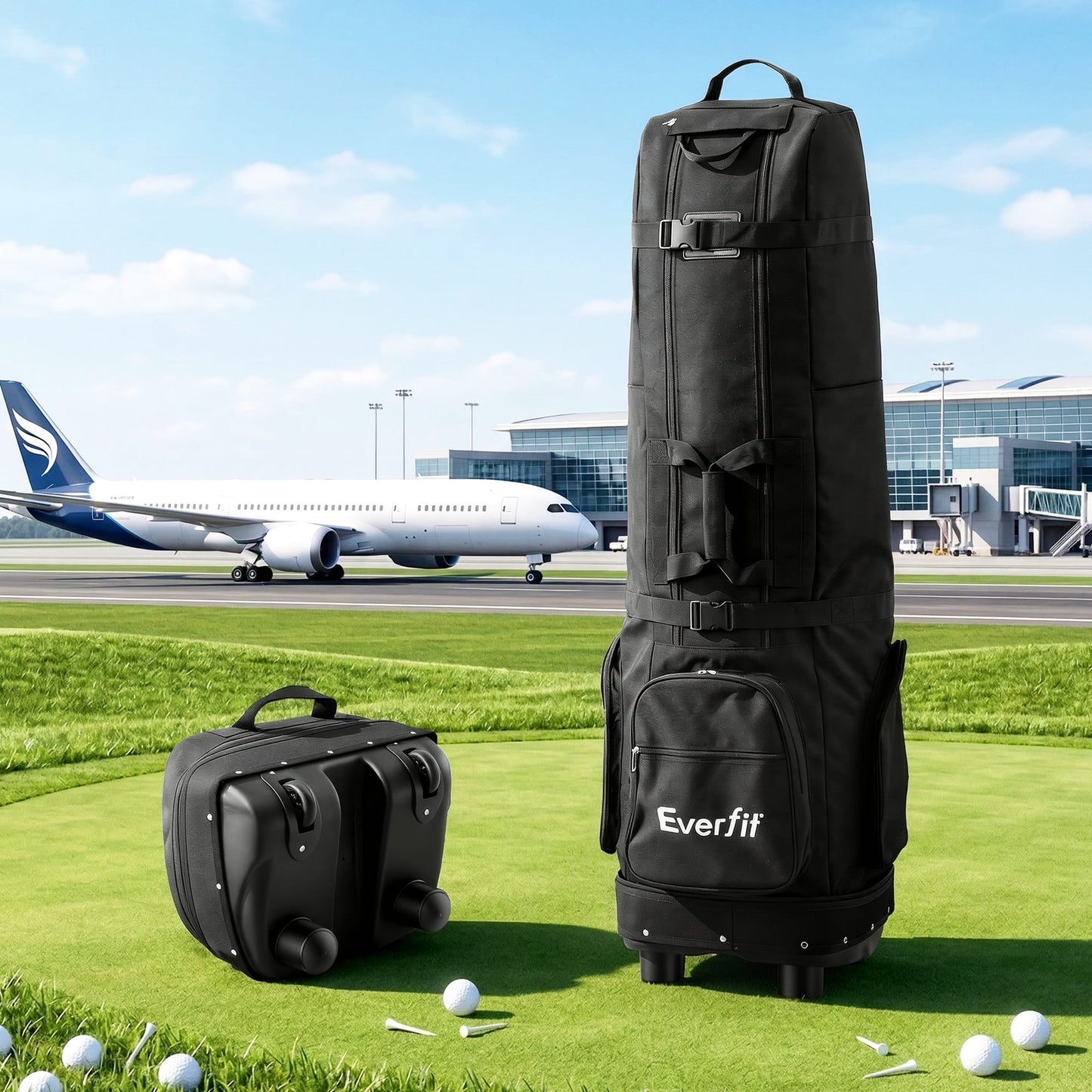 Alona.com.au Sports & Fitness > Golf > Golf Accessories Everfit Golf Travel Bag Flight Cover Foldable Soft Case Wheels Black