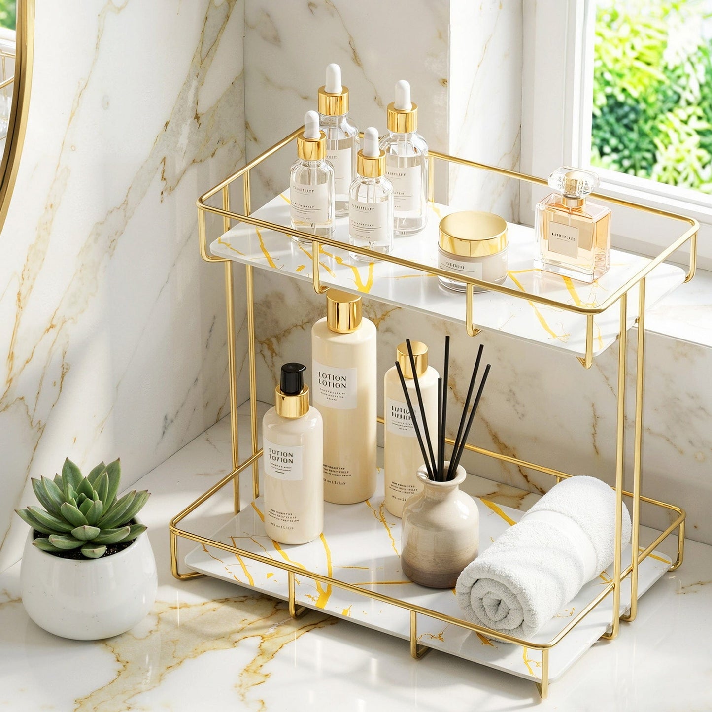 Artiss Furniture > Bathroom > Bathroom Cabinets, Cupboards & Storage Artiss Bathroom Storage Rack 2 Tier Corner Organiser Gold Marble Look