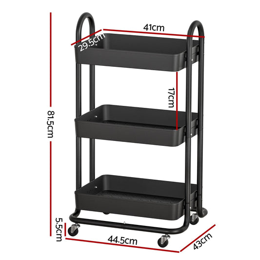 Artiss Furniture > Dining > Kitchen & Dining Trolleys Artiss Storage Trolley Kitchen Cart 3 Tiers Rack Shelf Organiser Wheels Black