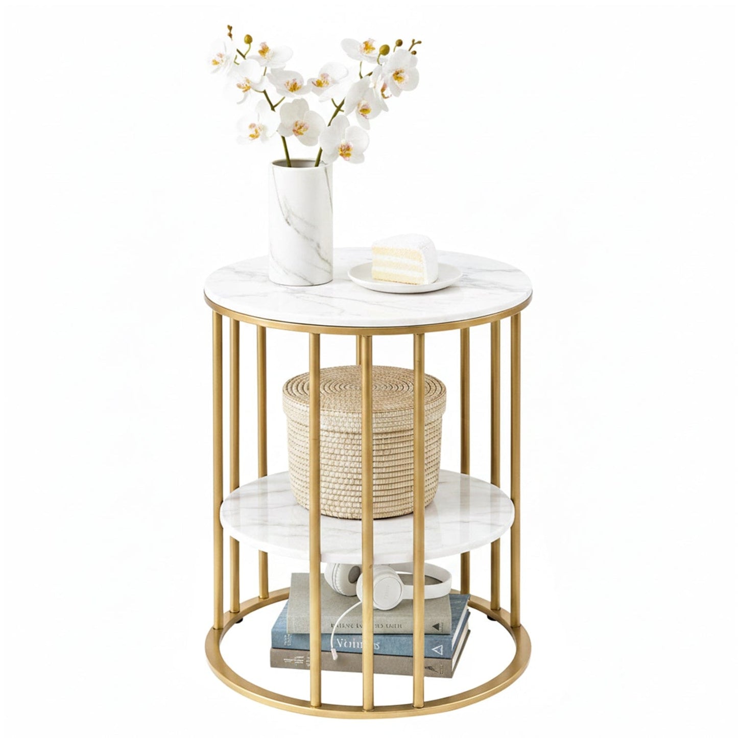 Artiss Furniture > Living Room > Coffee Tables Artiss Coffee Table 2-Tier Round Marble Effect White&Gold