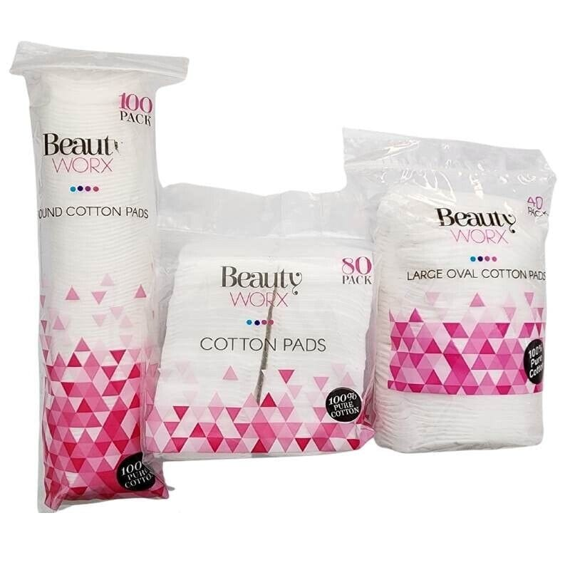 Beauty Worx 220 Pack Organic Cotton Pads Soft Makeup Remover Plain White Round Square Oval