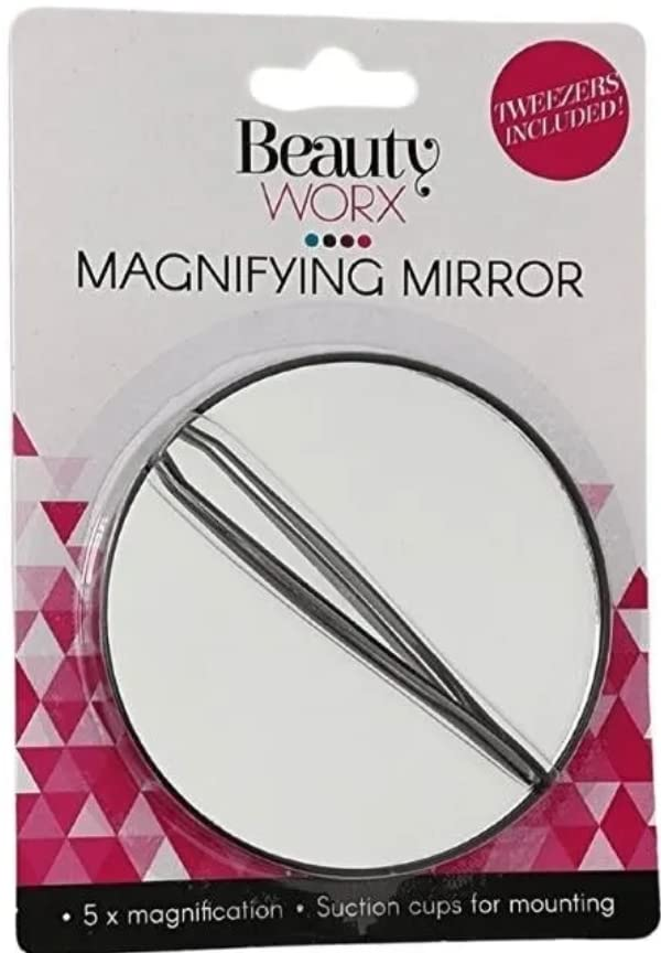 Beauty Worx Mirror with Suction Cup 8.8cm Plain 5X Magnified Beauty Essentials with Tweezers