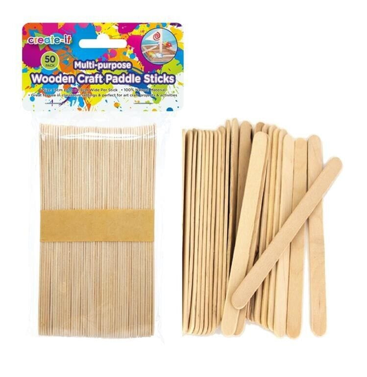Create-it Paddle Sticks 50 Wooden Craft Sticks Paddle Pop Popsicle Coffee Stirrers Ice Cream Wax Stick
