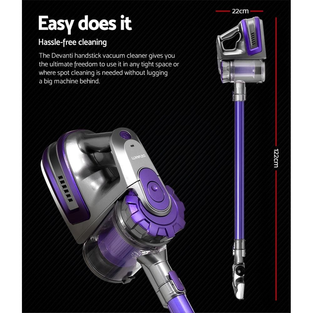 Devanti Appliances > Vacuum Cleaners > Stick Vacuums Devanti Stick Vacuum Cleaner Bagless Cordless 150W Purple