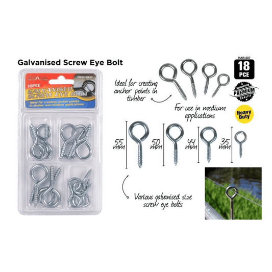 Duramax 18pcs Assorted Galvanised Screw Eye Bolt Pins Eyelets Screw Hardware Anchor