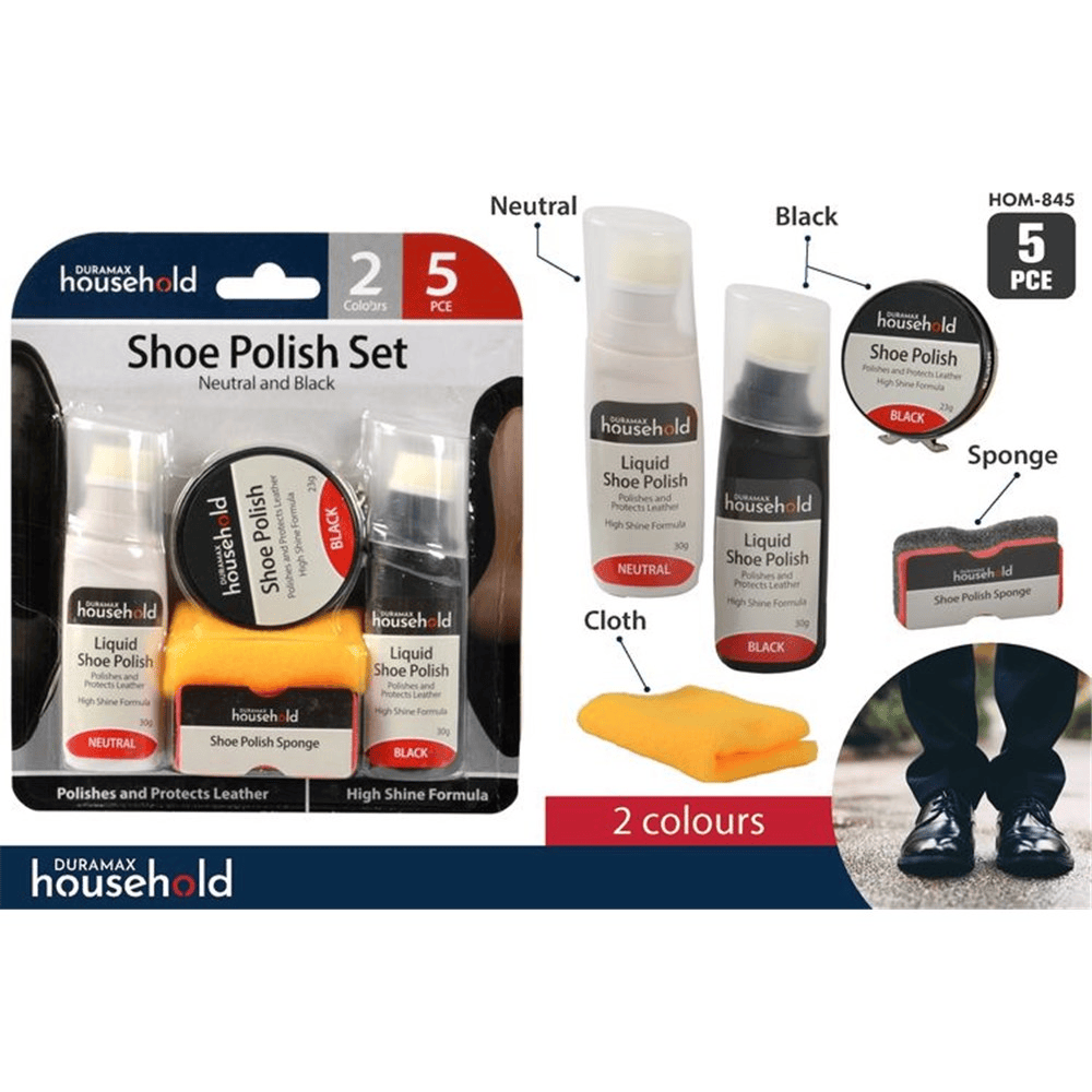 Duramax 5pcs Shoe Polish & Brush Set Black Neutral White Shine Clean Protection Sponge