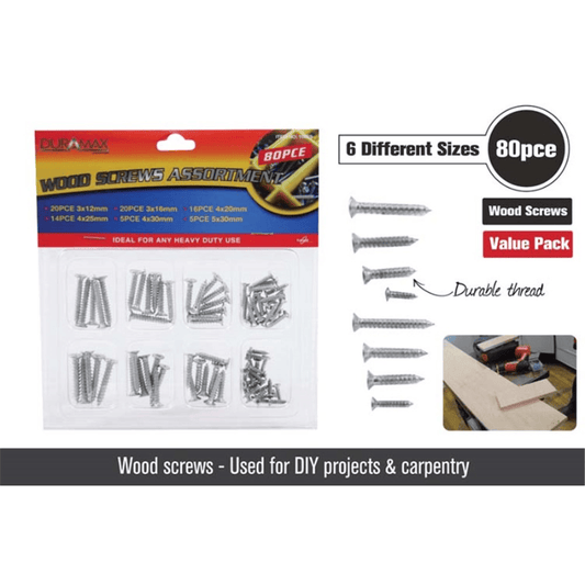 Duramax Screws 80PCS Chipboard Screws Kit Timber Wood Screws Countersunk Assortment Value Pack