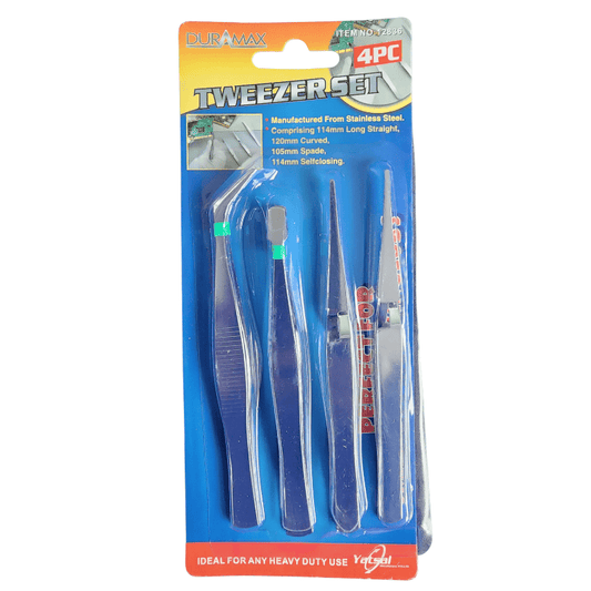 Duramax Tweezers 4pcs Modelling Tweezer Set Multi Use Straight Curved Spade Self-closing