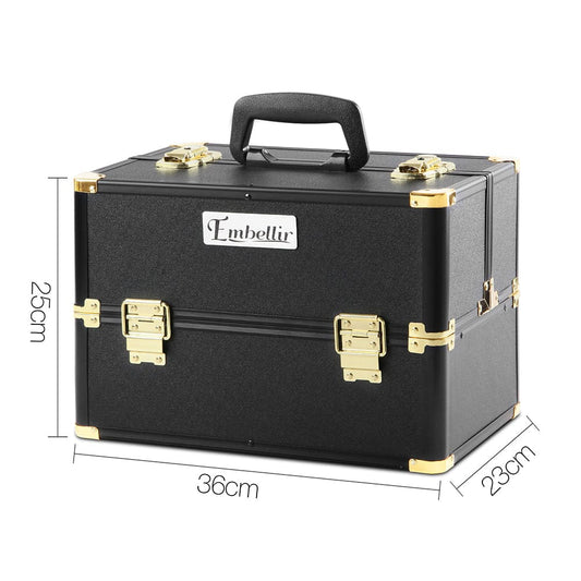 Embellir Health & Beauty > Cosmetic Storage > Cosmetic & Toiletry Bags Embellir Portable Cosmetic Beauty Makeup Case - Black & Gold