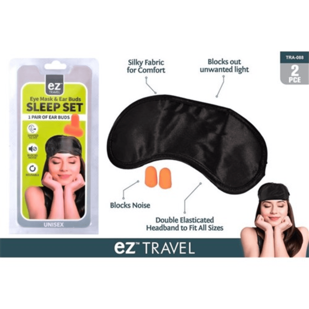 EZ Travel 2pc Travel Set Eye Mask and Ear Plugs Buds Sleep Rest Block Noise Reusable
