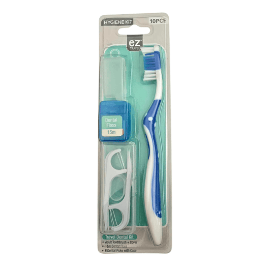 EZ Travel Blue 10pc Travel Camping Dental Hygiene Starter Kit Toothbrush Cover Case Floss Picks