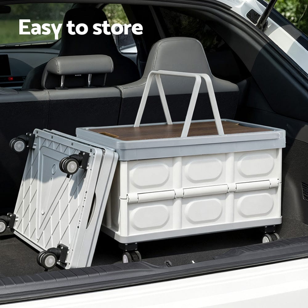 Gardeon Home & Garden > Storage > Storage Boxes Gardeon Collapsible Outdoor Storage Box 54L Stackable Folding Camping Organizer Wheels Plywood Lid Beige