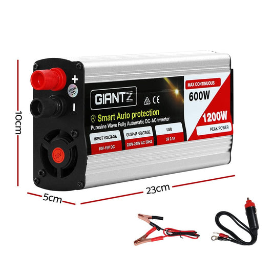 Giantz Outdoor Recreation > Camping > Batteries & Generators Giantz Power Inverter 600W/1200W 12V to 240V Pure Sine Wave Camping Car Boat