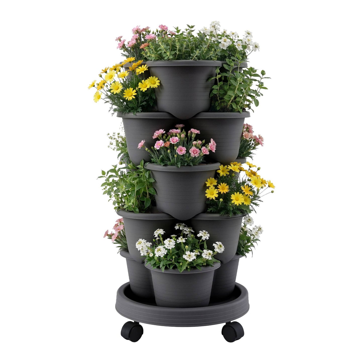 Green Fingers Home & Garden > Garden Beds > Garden Beds & Planters Green Fingers 5 Tier Vertical Garden Planter, Stackable Planters with 4 Wheels, Black, Raised Garden Bed, Garden Tower Indoor Outdoor, Auto Drainage System, for Strawberries, Herbs, Flower, Vegetables