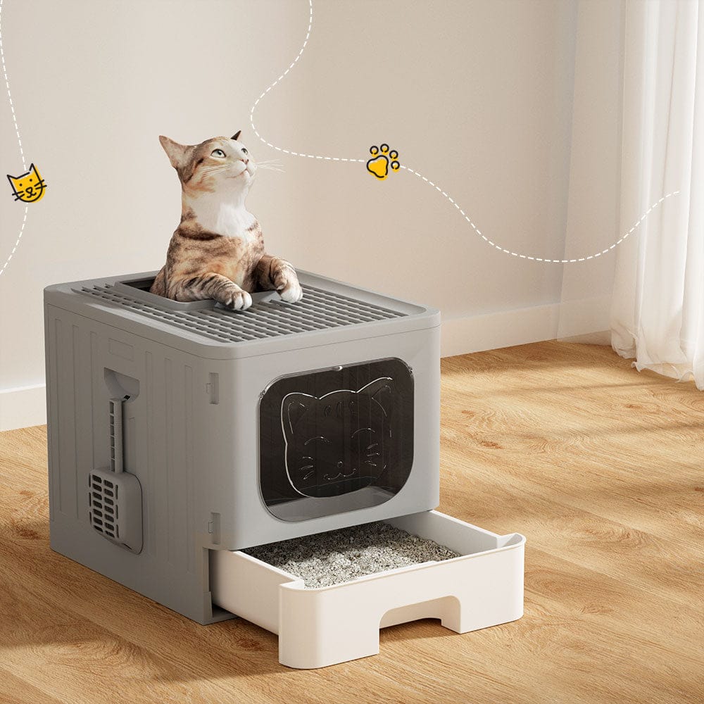 i.Pet Pet Care > Cat Supplies > Cat Litter i.Pet Cat Litter Box Large Tray Kitty Toilet Enclosed Hooded Foldable Cat Litter Box Scoop Grey