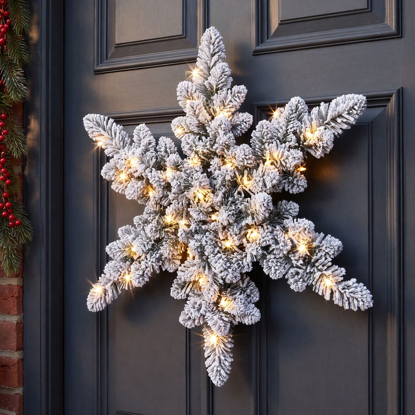 Jingle Jollys Occasions > Christmas > Christmas Wreaths & Garlands Jingle Jollys 60cm Flocked Snowflake Christmas Wreath Garland Pre-Lit 40 LED Light Decor