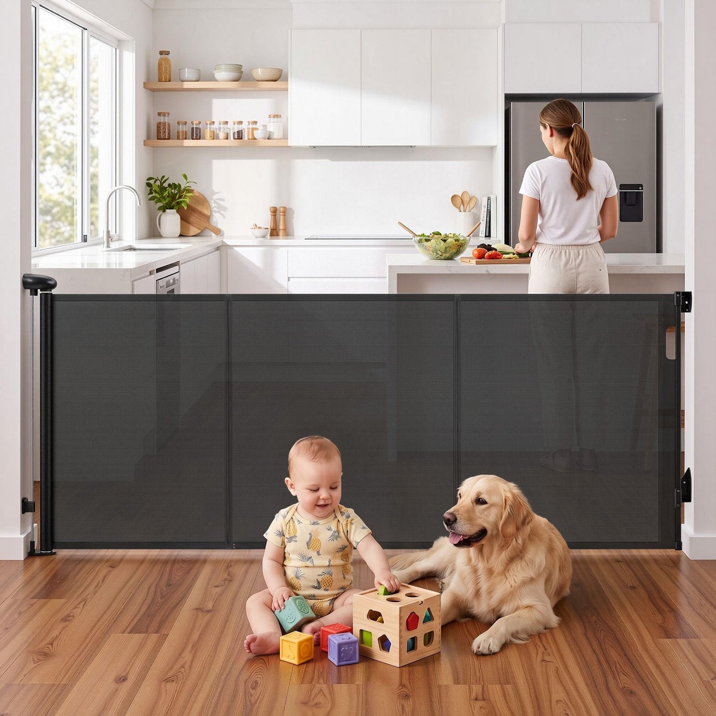 Keezi Kids Baby & Kids > Gates & Playpens > Safety Gates & Safety Accessories Keezi Retractable Gate Baby Gate Pet Safety Fence Extends up to 400cm Black