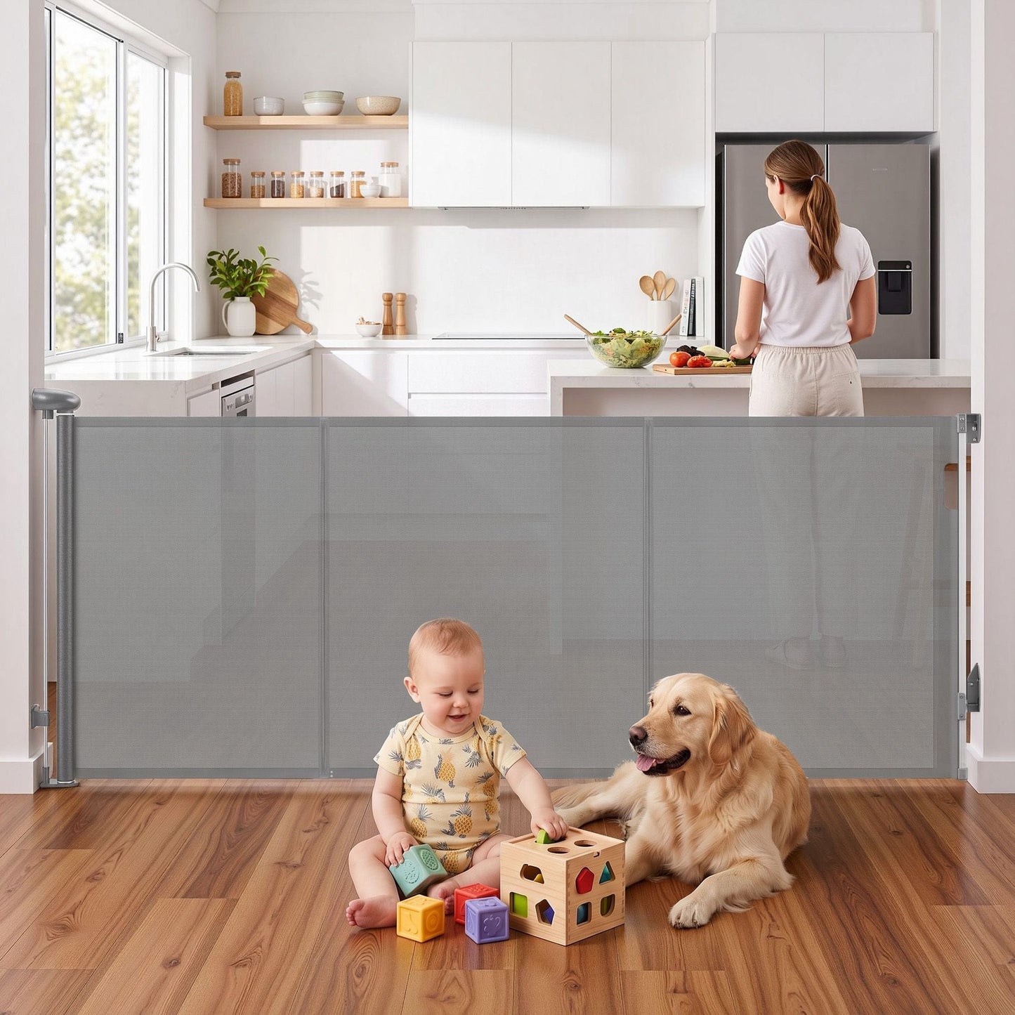 Keezi Kids Baby & Kids > Gates & Playpens > Safety Gates & Safety Accessories Keezi Retractable Gate Baby Gate Pet Safety Fence Extends up to 400cm Grey