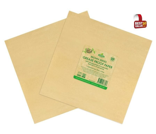 Spice sustainable 50 Pack Brown Oil Grease Proof Paper Food Eco Sandwich Wrapping Pastry 25x25cm