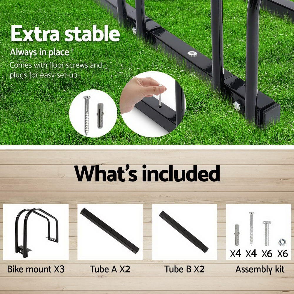 Weisshorn Sports & Fitness > Bikes & Accessories > Bicycle Stands & Storage Weisshorn 3 Bike Stand Rack Bicycle Storage Floor Parking Holder Cycling Black