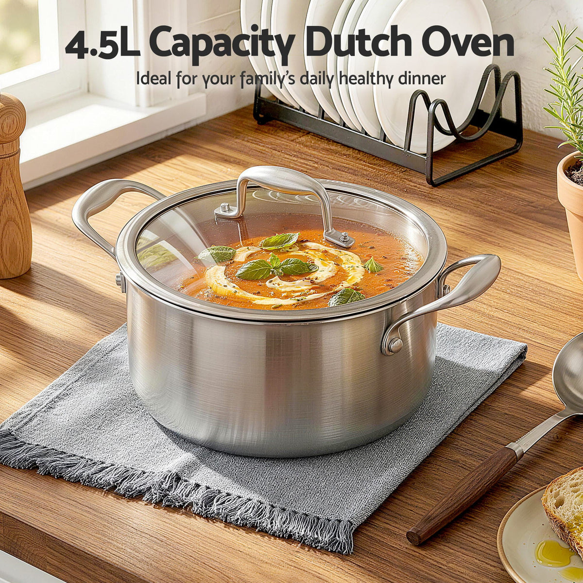 5-Star Chef Appliances > Kitchen Appliances > Kitchen Appliance Accessories 5-Star Chef 4.5L 24cm Stainless Steel Dutch Oven Pot with Lid and Stay-Cool Handle