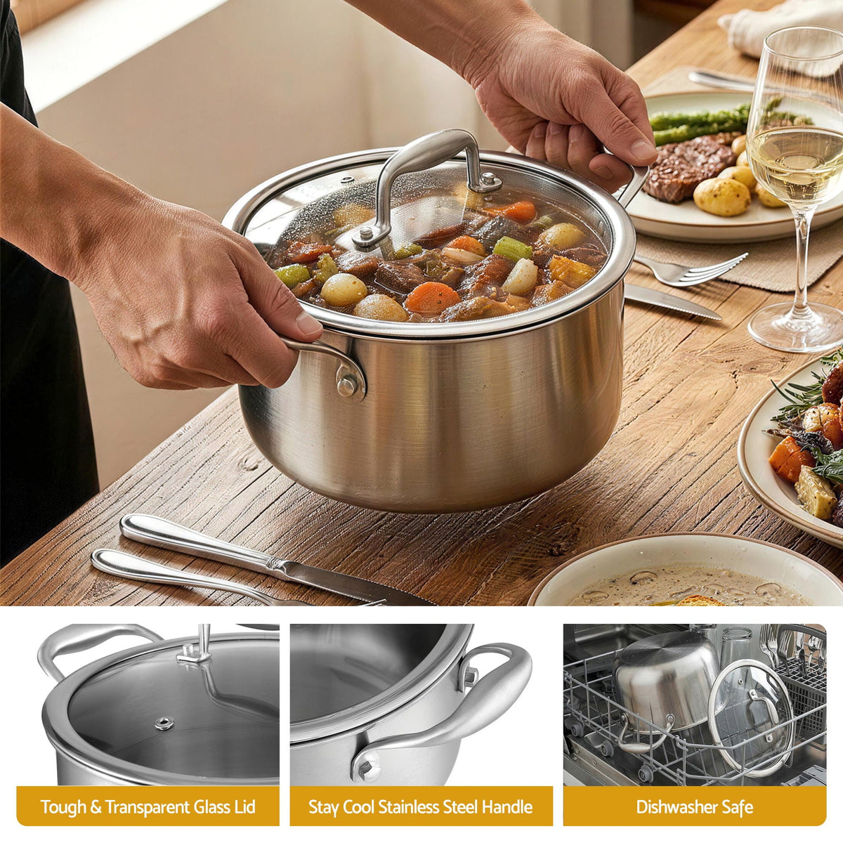 5-Star Chef Appliances > Kitchen Appliances > Kitchen Appliance Accessories 5-Star Chef 4.5L 24cm Stainless Steel Dutch Oven Pot with Lid and Stay-Cool Handle
