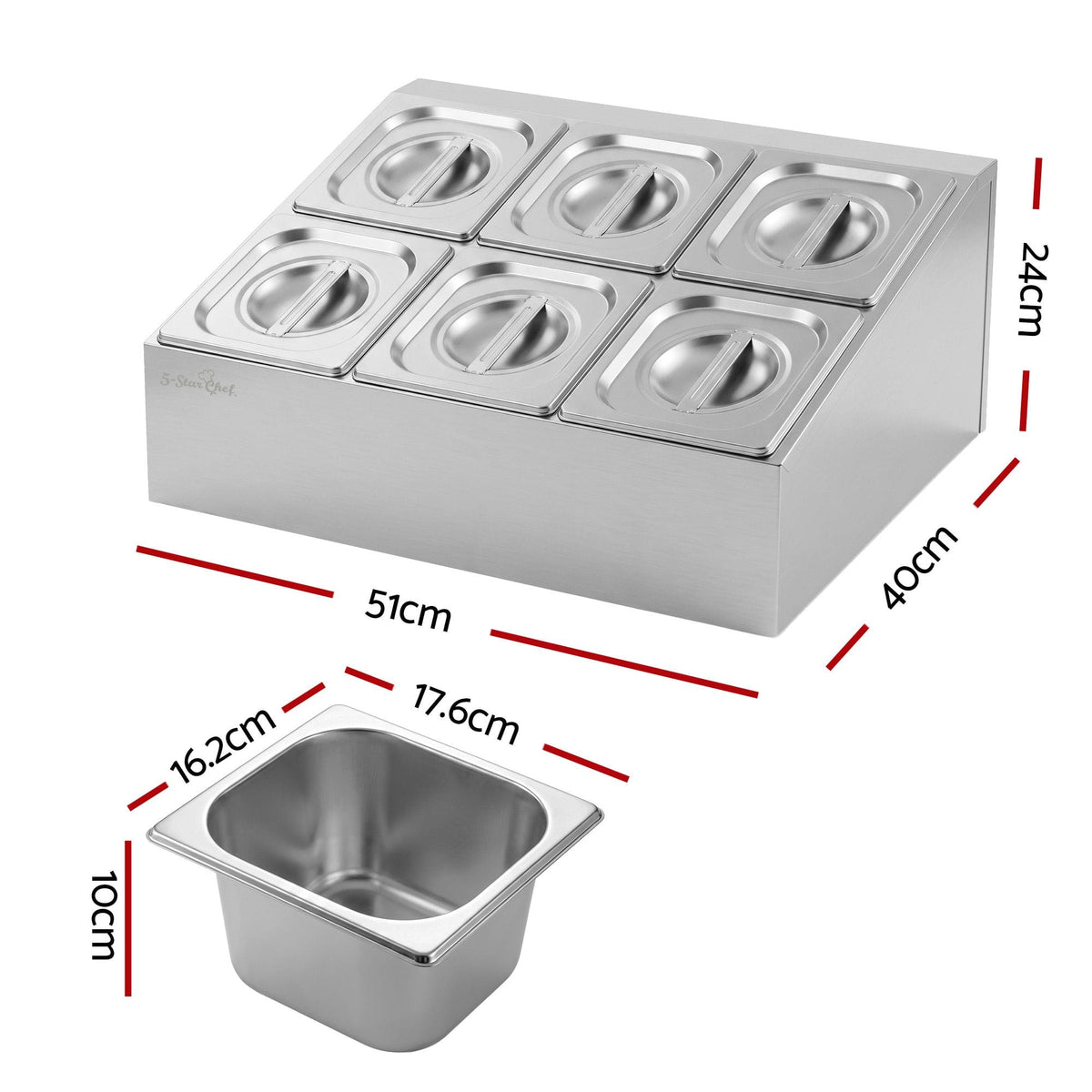 5-Star Chef Home & Garden > Kitchenware > Food Storage 5-Star Chef 6 Pan Food Serving Display Container Stainless Steel Food Container Lids